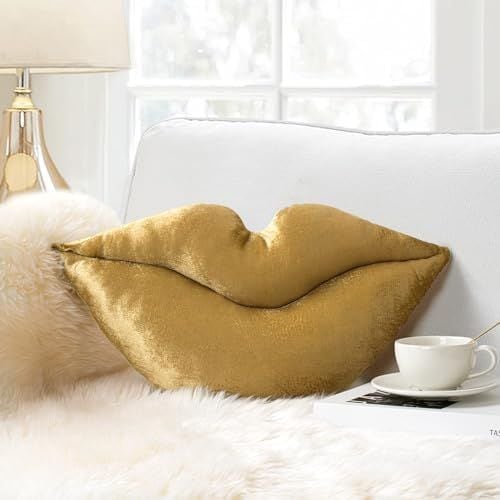 3D Lips Pillow, 20 x 11 in, Gold
