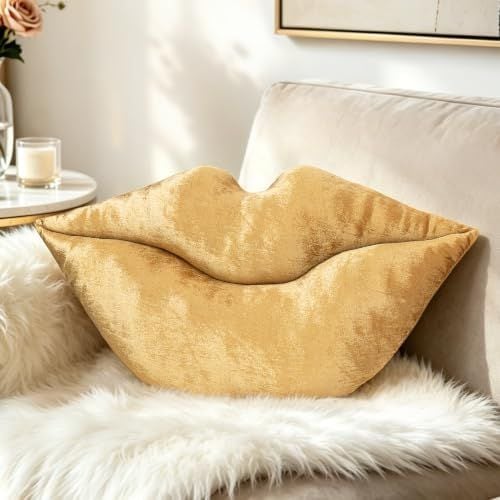 3D Lips Pillow, 24 x 12 in, Gold