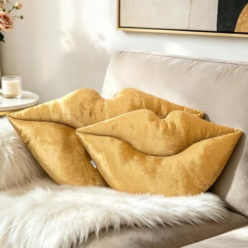 3D Lips Pillows, Set of 2, Gold