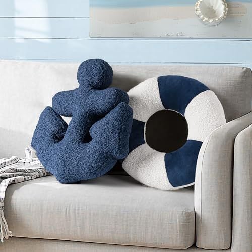 Anchor & Lifebuoy Pillows, Set of 2, Navy Blue and White