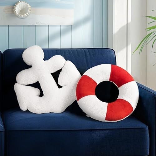 Anchor & Lifebuoy Pillows, Set of 2, Red and White