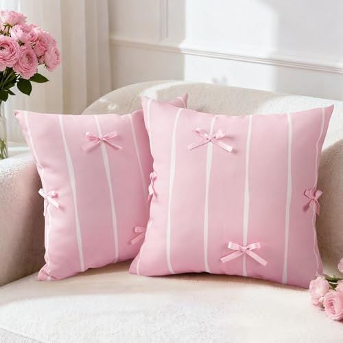 Bow Stripe Pillow Covers, 18 x 18 in, Set of 2, Pink and White