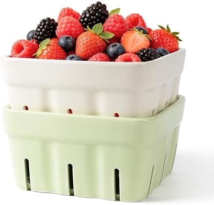 Ceramic Berry Basket, 5.9 in, Cream White & Matcha Green