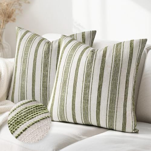 Chenille Stripe Pillow Covers, 22 x 22 in, Set of 2, Beige & Olive