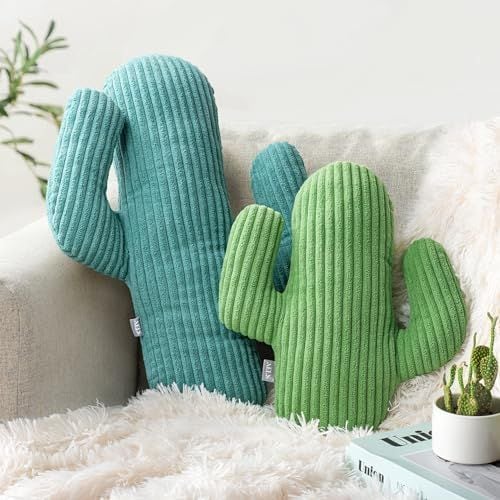 Corduroy Cactus Pillows, Set of 2, Blue Green & Grass Green