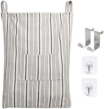 Farmhouse Hanging Laundry Hamper, Beige & Black Stripes