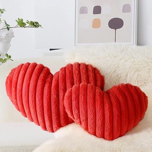 Faux Fur Heart Pillows, Set of 2, Red