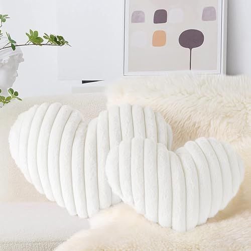 Faux Fur Heart Pillows, Set of 2, White