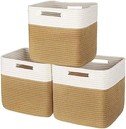 Hand-Woven Cotton Storage Baskets, Beige and Khaki