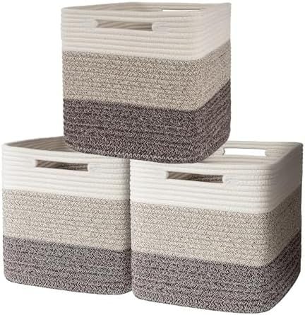 Hand-Woven Cotton Storage Baskets, Beige, Khaki & Coffee