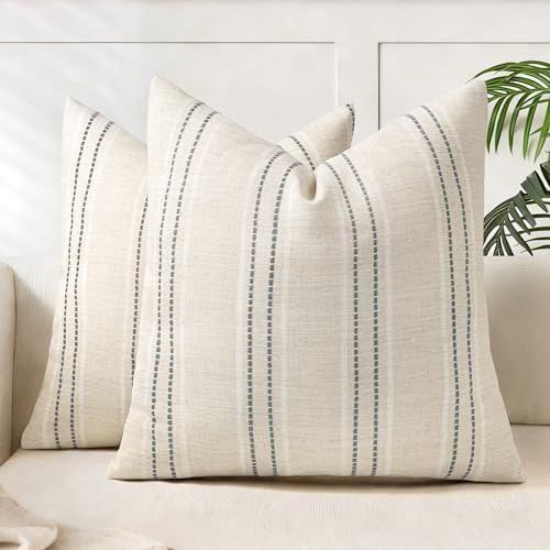 Linen Blend Pillow Covers, 18 x 18 in, Set of 2, Beige Stripe
