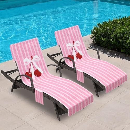 Lounge Chair Towel Covers, Pack of 2, Cherry Bow Stripes