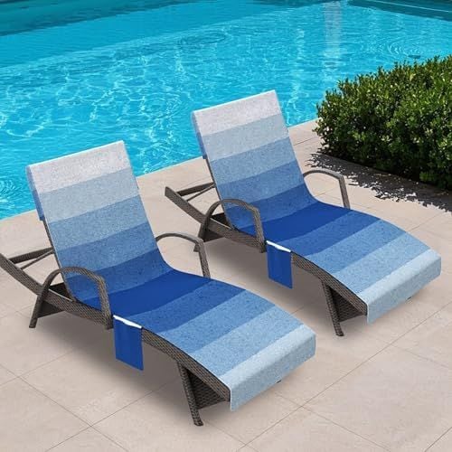 Lounge Chair Towel Covers, Pack of 2, Ombre Blue Stripes