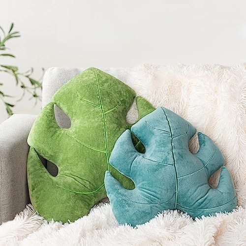 Monstera Leaf Pillows, Set of 2, Bluish & Light Green