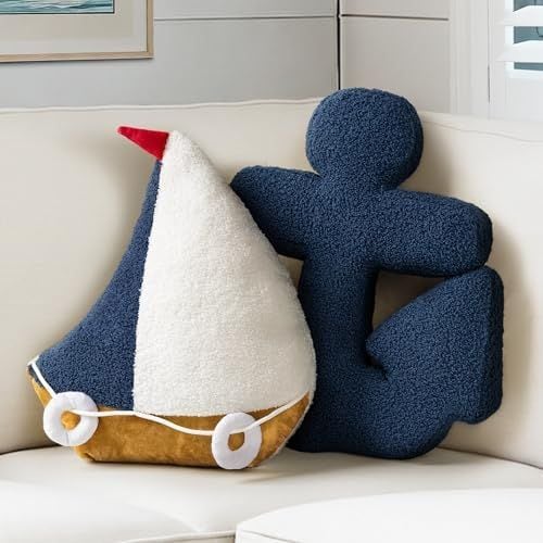 Sailboat & Anchor Pillows, Set of 2, Navy Blue and White