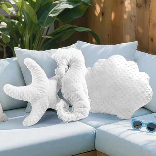 Starfish, Shell & Seahorse Pillows, Set of 3, White