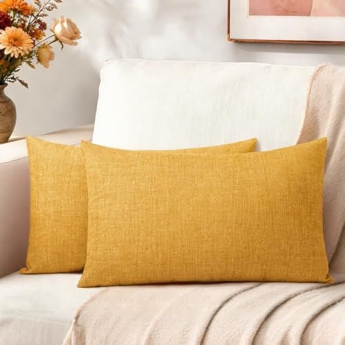 Textured Lumbar Pillow Covers, 12 x 20 in, Set of 2, Mustard Yellow