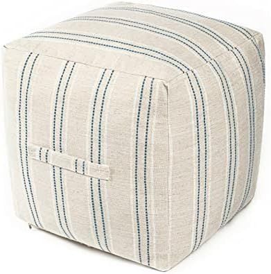 Unstuffed Pouf Cover, 18 in Cube, Beige with Navy Stitch