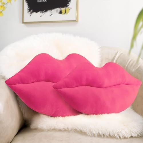 Velvet Lips Pillows, Set of 2, Vivid Pink