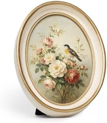 Vintage Oval Picture Frame, 4 x 6 in, Off-White with Gold Trim