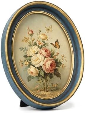 Vintage Oval Picture Frame, 5 x 7 in, Blue with Gold Trim
